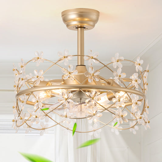 louguana 20 Inch Gold Caged Ceiling Fan with Light, Flower Chandelier Ceiling Fan with Lights Remote Control, Modern Crystal Fandelier 6 Speeds for Girl's Bedroom, Living Room