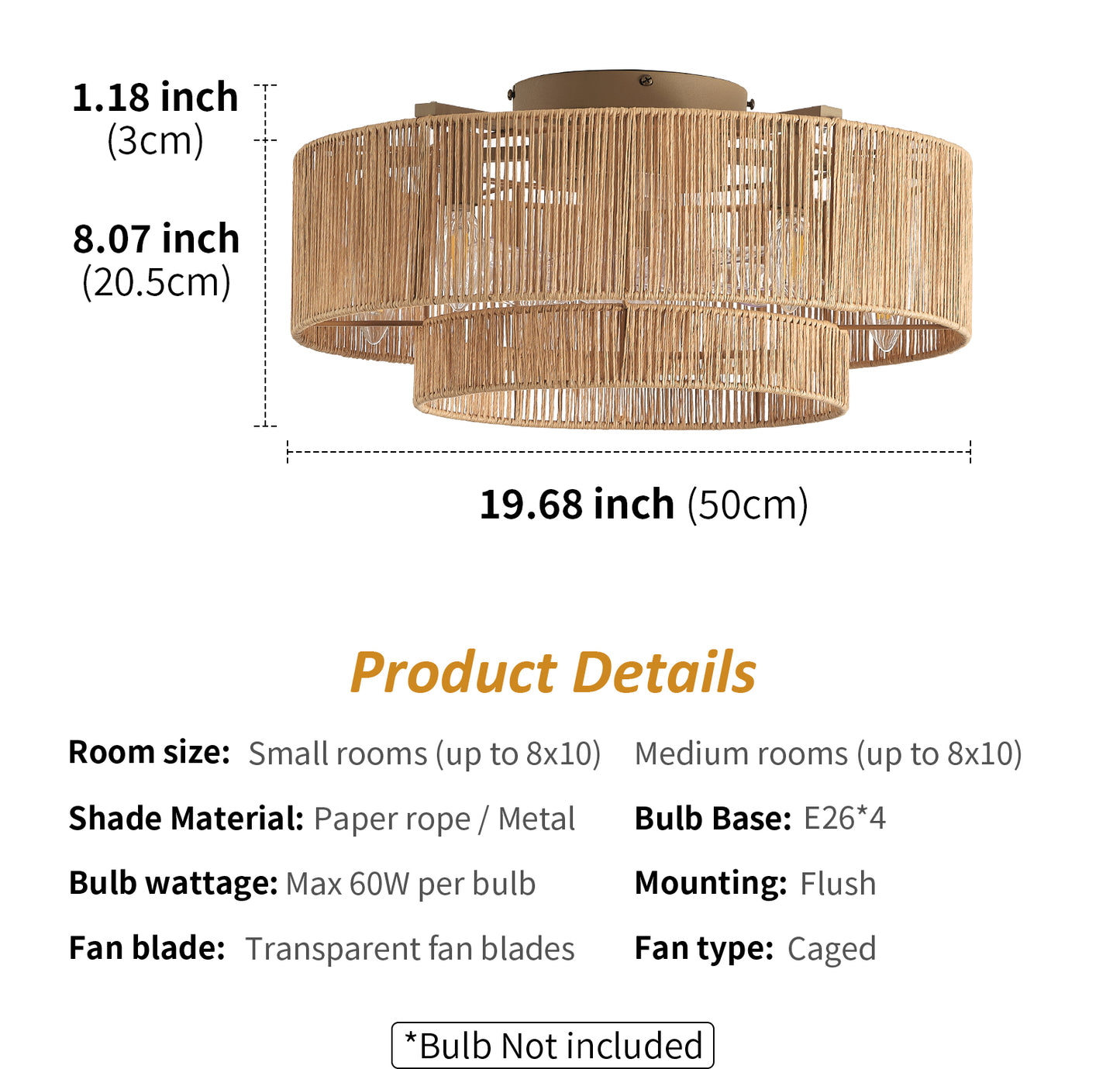 20 Inch Boho Caged Ceiling Fans with Lights Flush Mount, Layered Rattan Ceiling Fan with Light Remote Control with Reversible 6 Speeds for Bedroom, Nursery, Living Room, E12 Base, Indoor-Gold