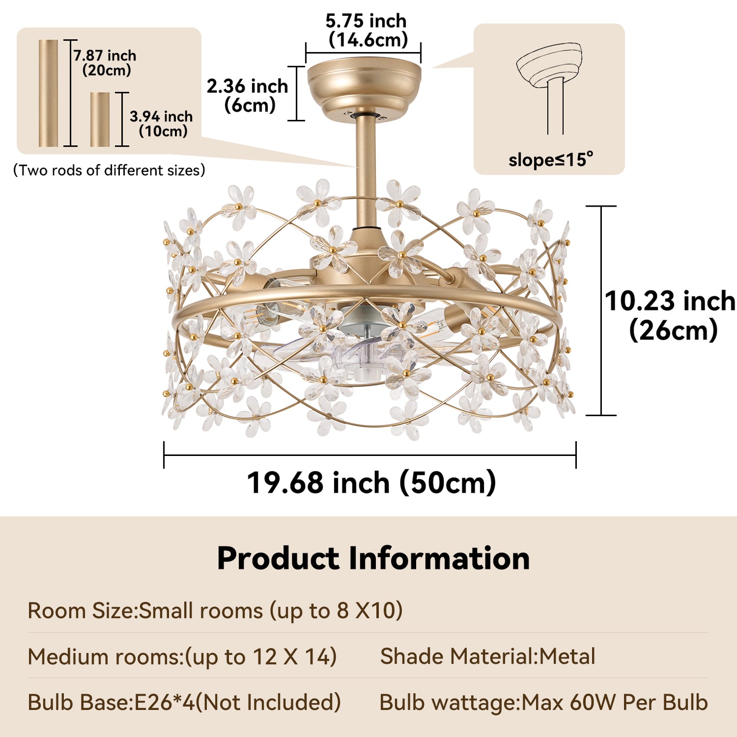 louguana 20 Inch Gold Caged Ceiling Fan with Light, Flower Chandelier Ceiling Fan with Lights Remote Control, Modern Crystal Fandelier 6 Speeds for Girl's Bedroom, Living Room